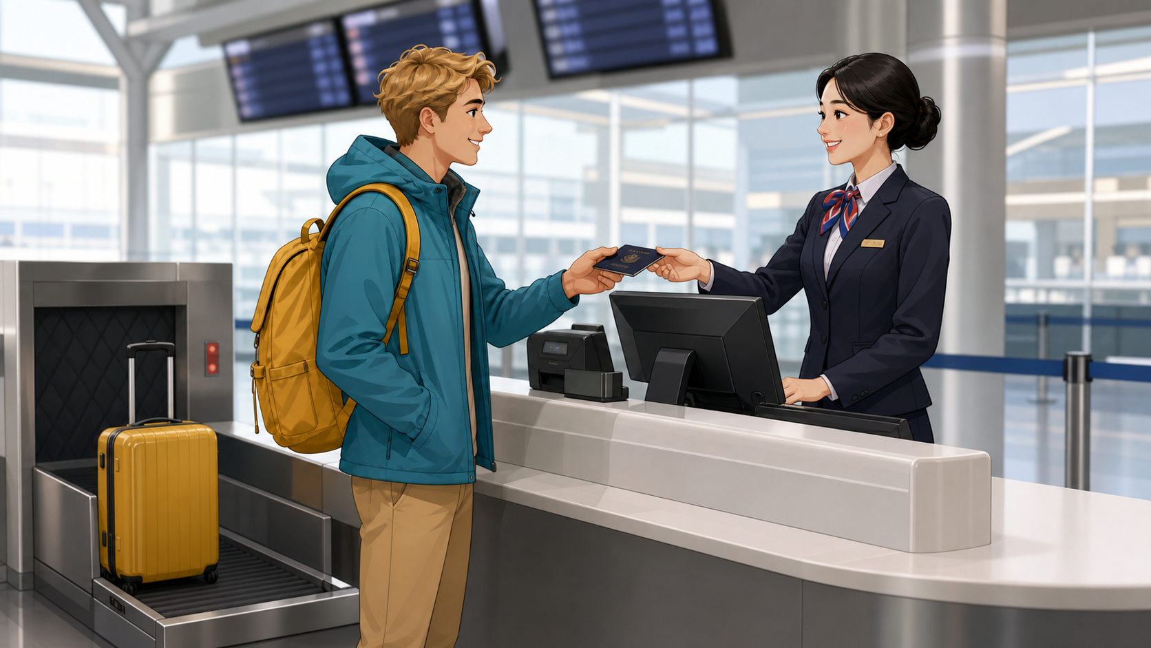 A foreign traveler checking in with a standing airline agent at a Chinese international airport