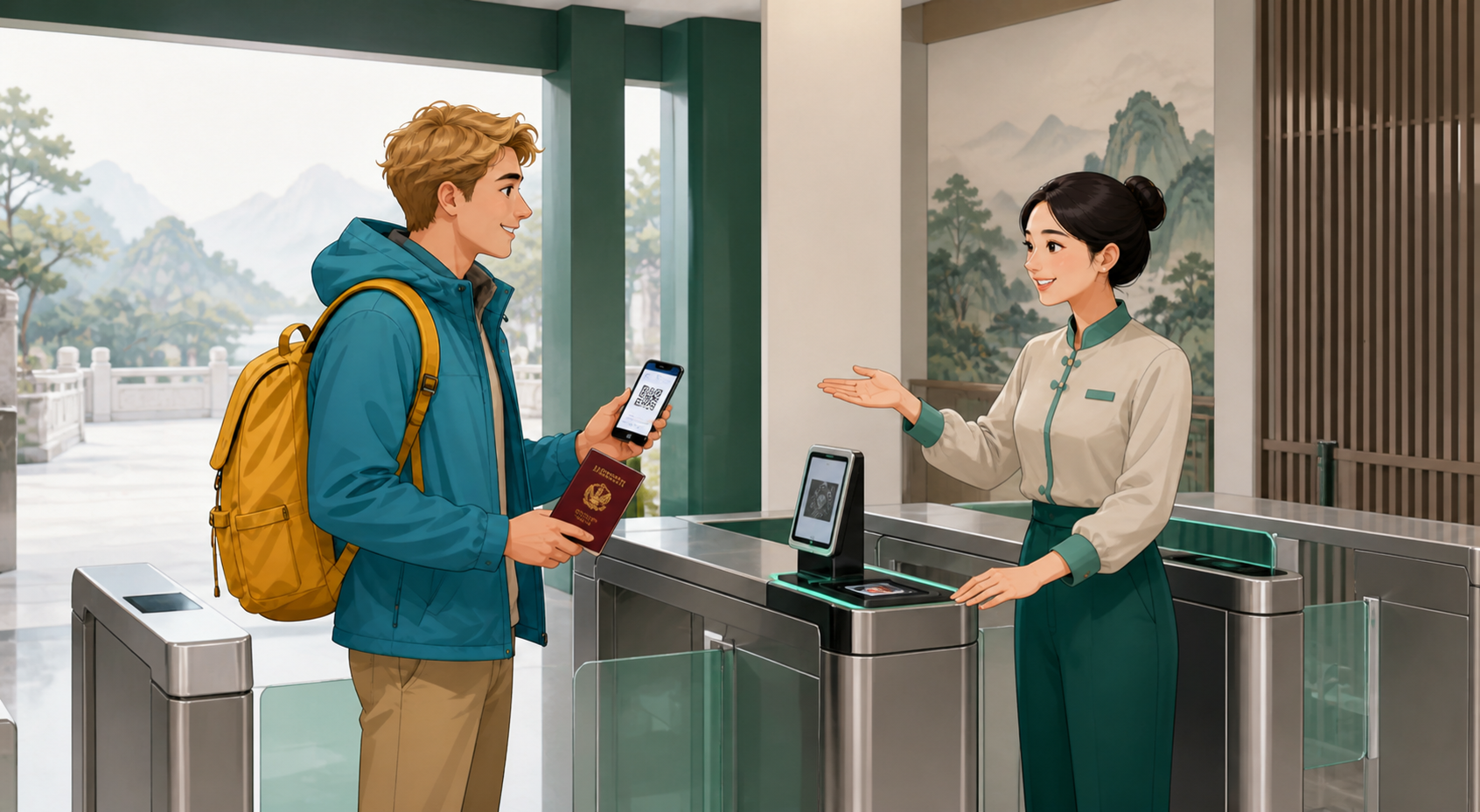 A foreign visitor presenting entry details to a Chinese attraction employee at the gate