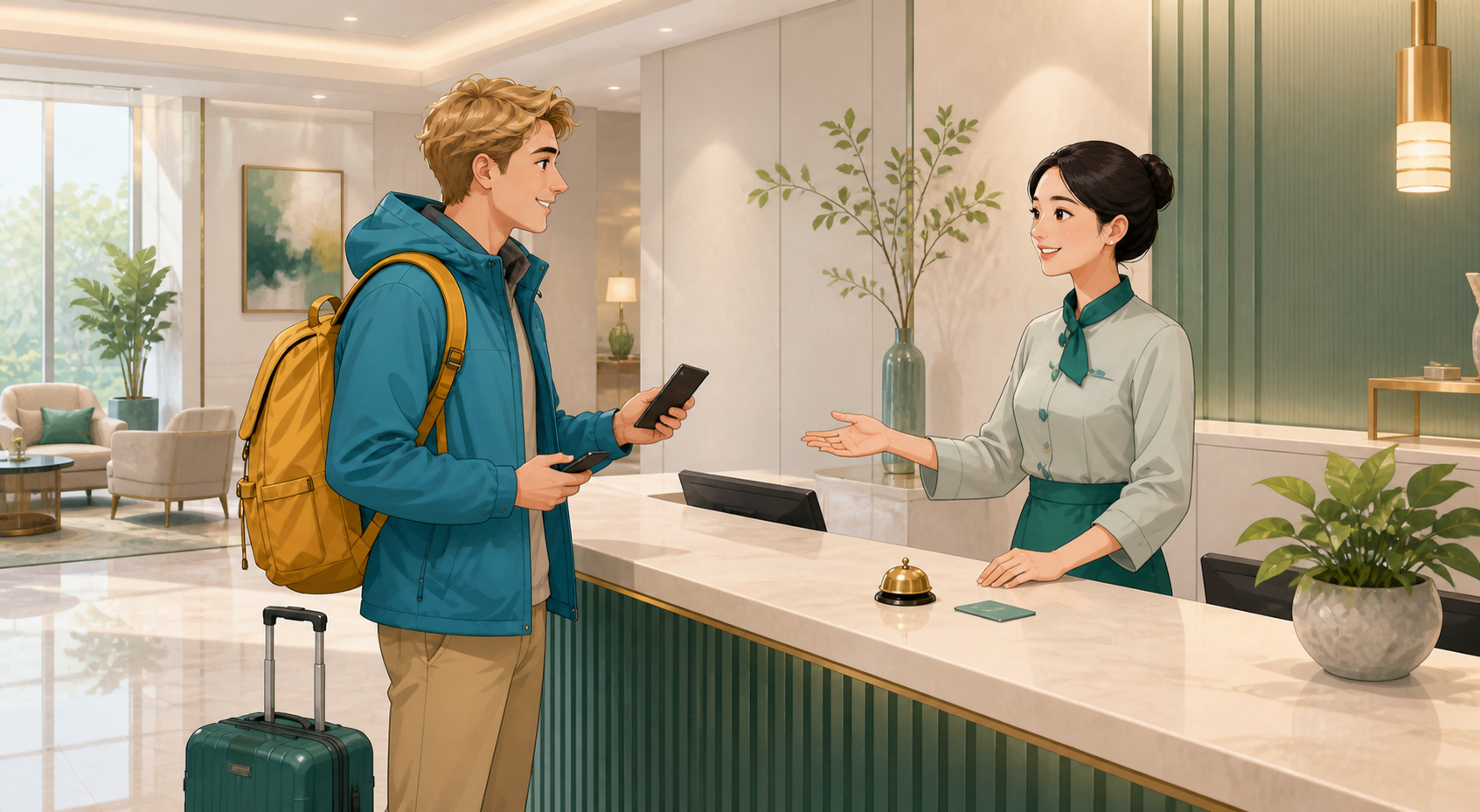 A foreign traveler checking in with a receptionist at a Chinese hotel front desk