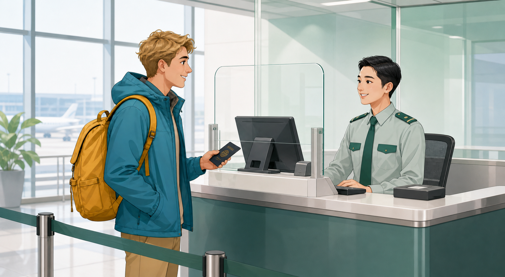 A foreign traveler speaking with a Chinese immigration officer at an airport counter