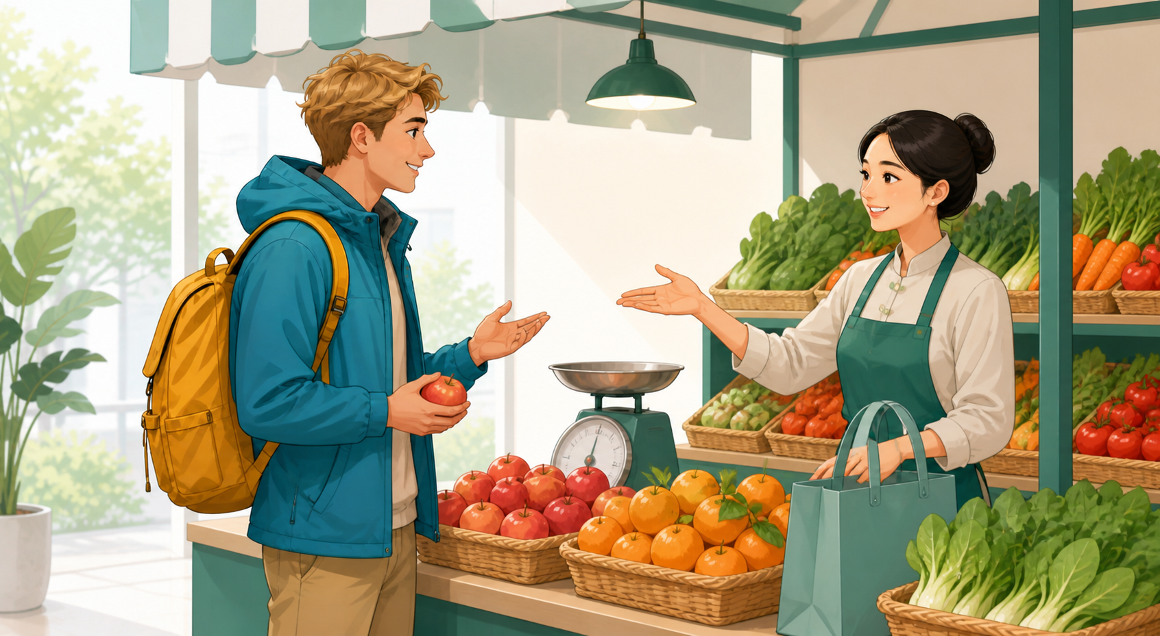 A foreign customer bargaining with a standing seller at a Chinese produce market stall