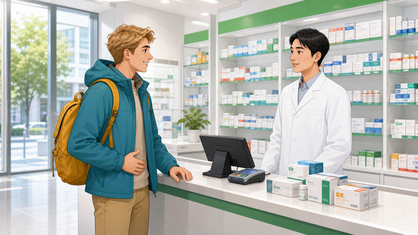A foreign traveler asking a standing Chinese pharmacist for help at a community pharmacy counter