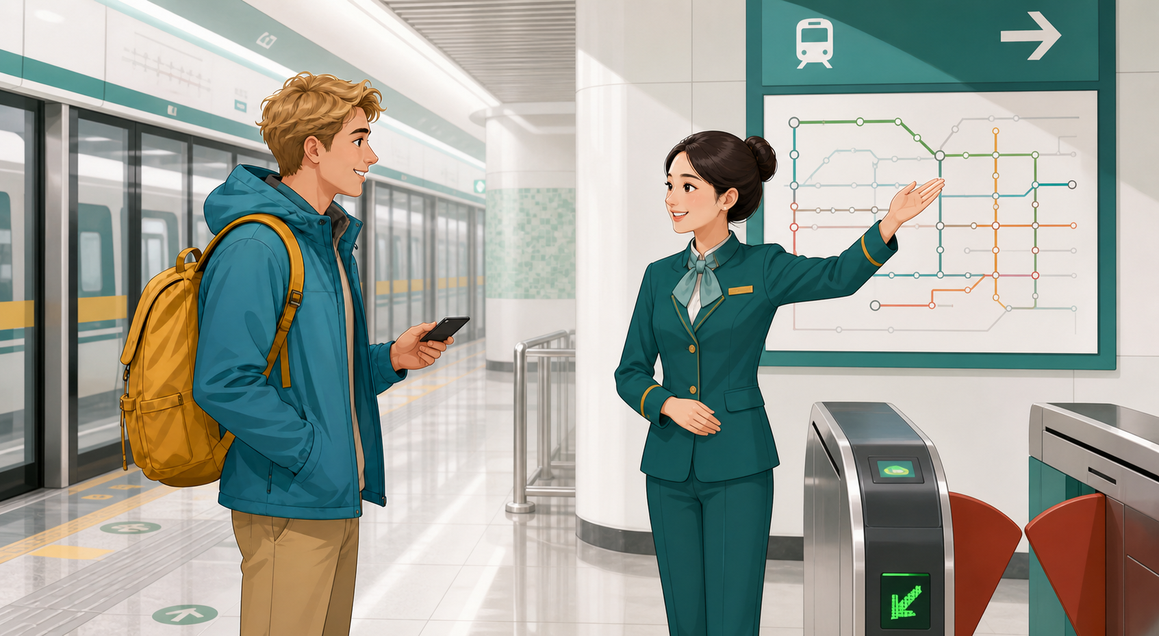 A foreign traveler asking a Chinese metro employee for directions near the station gates