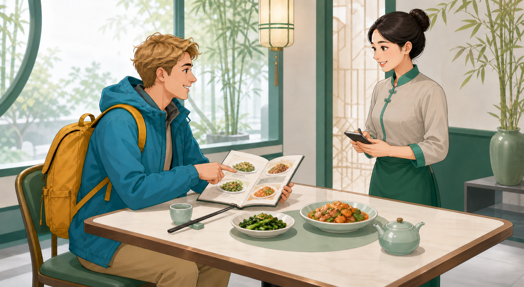 A seated foreign guest ordering from a standing waiter in a Chinese restaurant