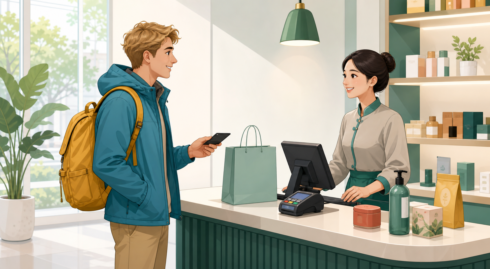 A foreign customer speaking with a Chinese supermarket cashier at the checkout