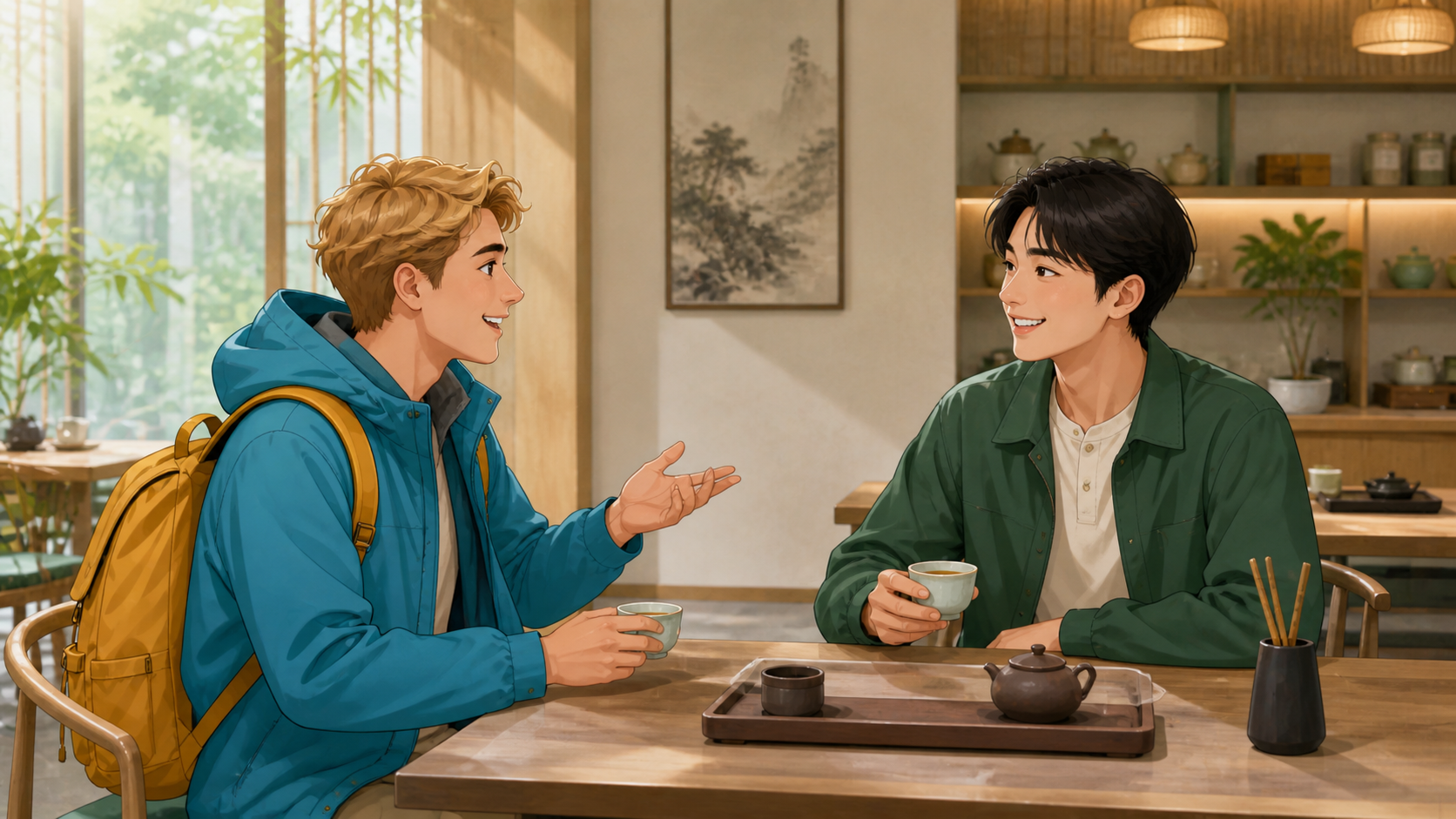 A foreign traveler chatting with a Chinese friend over tea in a modern Chinese tea shop