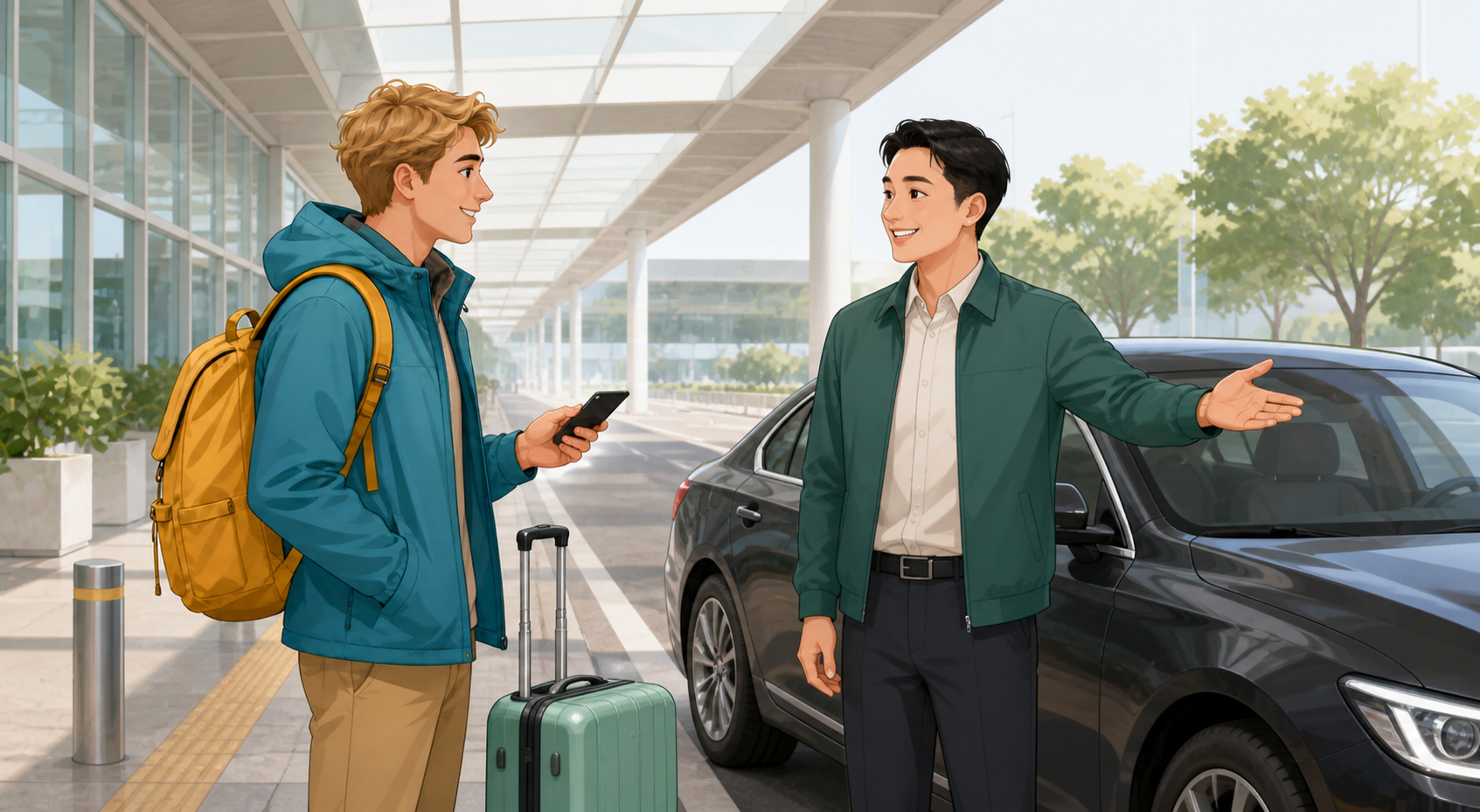 A foreign traveler meeting a Chinese ride-hailing driver beside the correct car