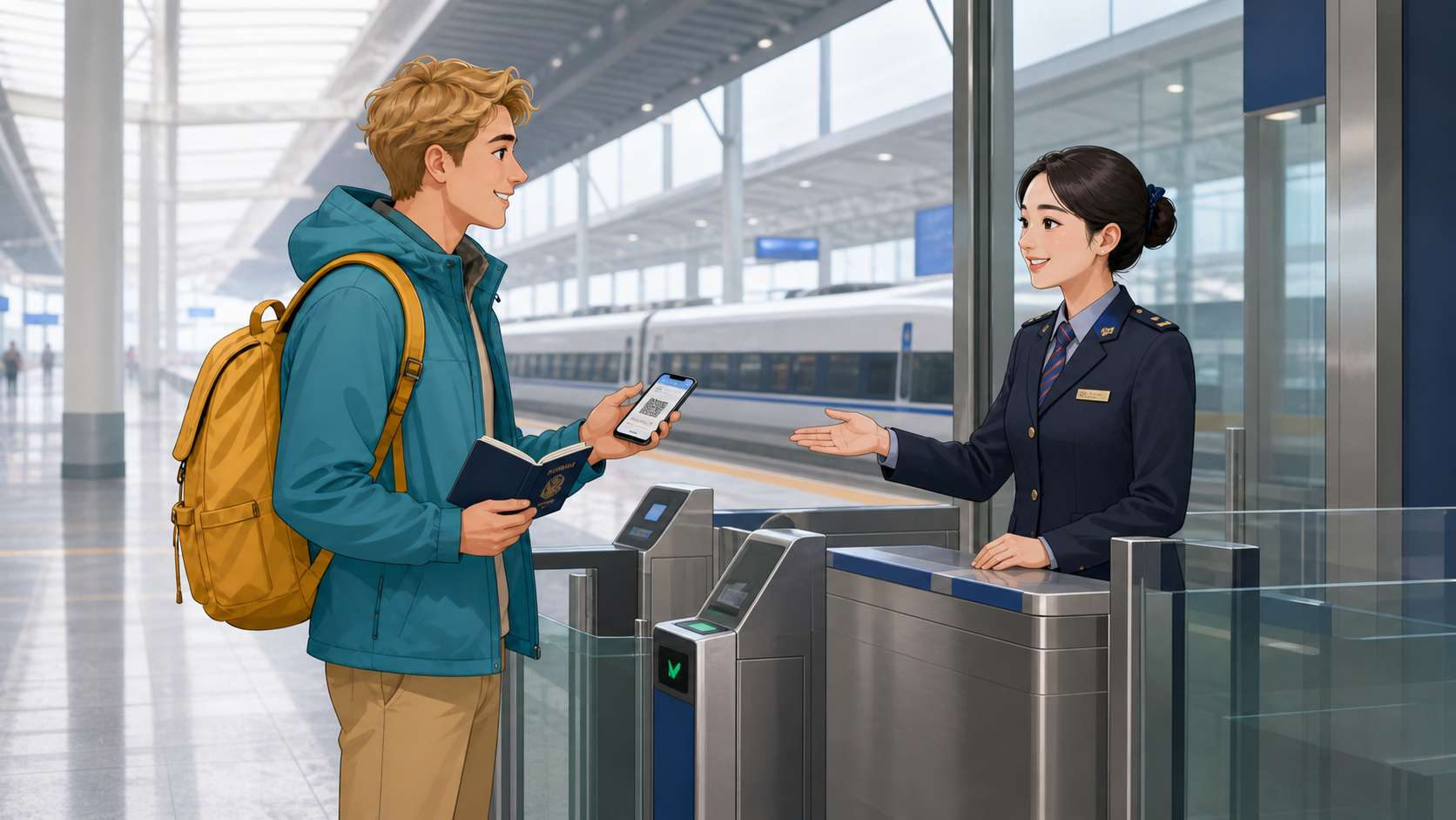 A foreign traveler showing a passport to a standing Chinese railway employee at high-speed rail ticket gates